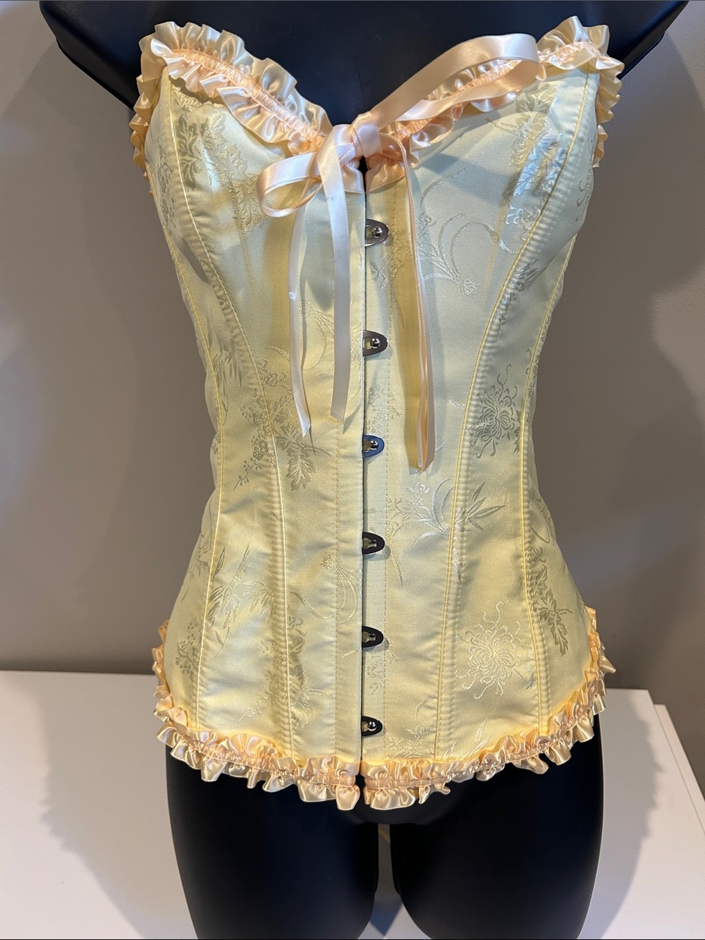 Yellow Satin Corset Top with Ribbon Tie